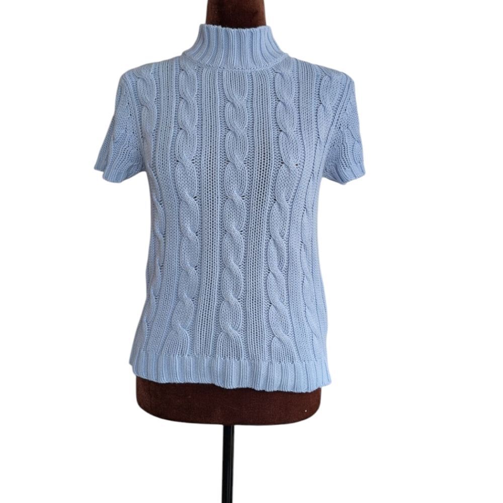 Cotton Baby Blue Cable  Knit Short Sleeves Sweater Size S